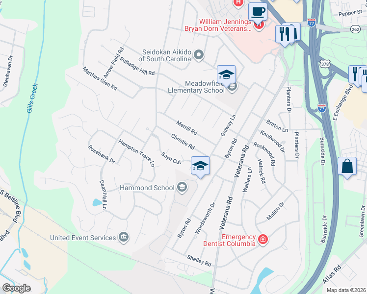 map of restaurants, bars, coffee shops, grocery stores, and more near 6412 Christie Road in Columbia