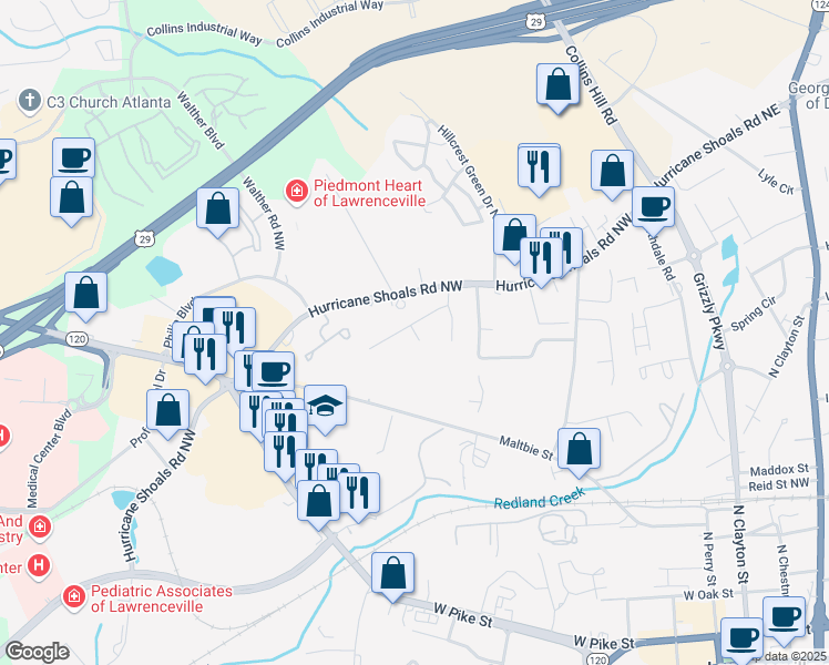 map of restaurants, bars, coffee shops, grocery stores, and more near 293 Haymarket Lane in Lawrenceville