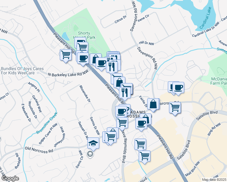 map of restaurants, bars, coffee shops, grocery stores, and more near 2476 Pleasant Hill Road in Duluth