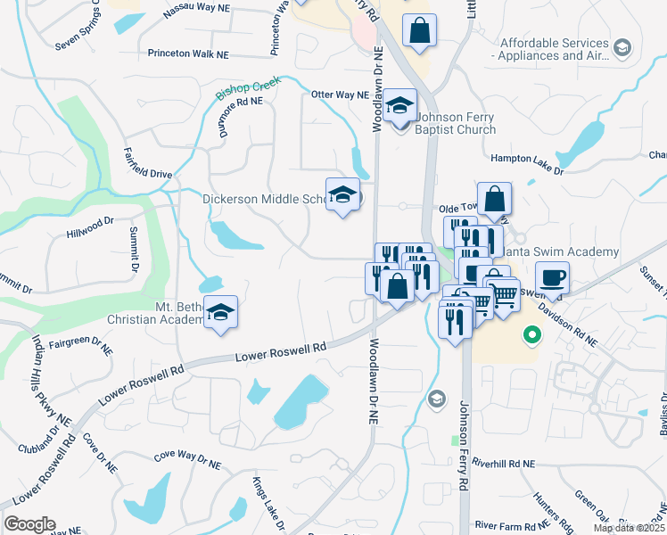 map of restaurants, bars, coffee shops, grocery stores, and more near 4521 Parkcrest Court Northeast in Marietta