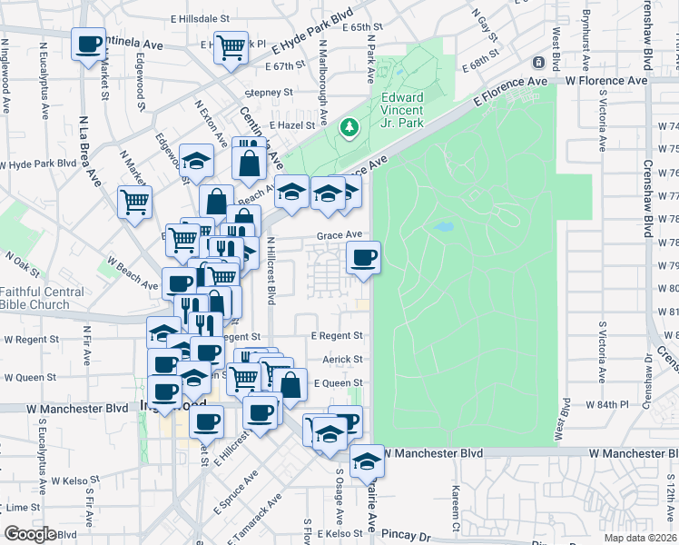 map of restaurants, bars, coffee shops, grocery stores, and more near 629 Daniel Freeman Circle in Inglewood