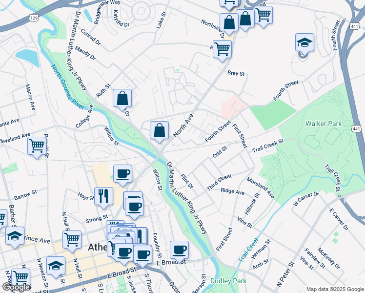 map of restaurants, bars, coffee shops, grocery stores, and more near 100 Fifth Street in Athens