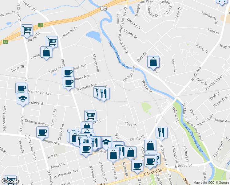 map of restaurants, bars, coffee shops, grocery stores, and more near 716 Pulaski Street in Athens