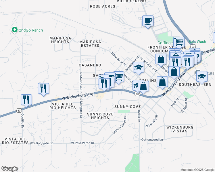 map of restaurants, bars, coffee shops, grocery stores, and more near 618 West El Pajarito Drive in Wickenburg