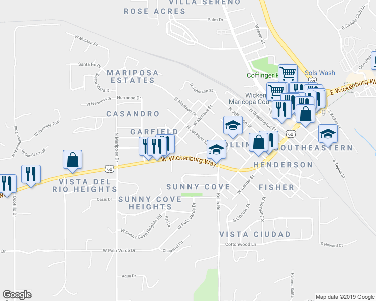 map of restaurants, bars, coffee shops, grocery stores, and more near 540 West Wickenburg Way in Wickenburg