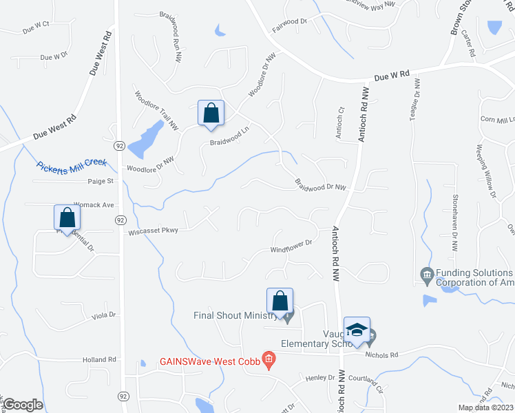 map of restaurants, bars, coffee shops, grocery stores, and more near 6127 Windflower Drive in Powder Springs