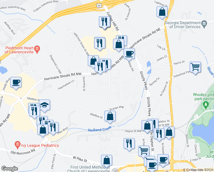 map of restaurants, bars, coffee shops, grocery stores, and more near 351 Downing Street in Lawrenceville