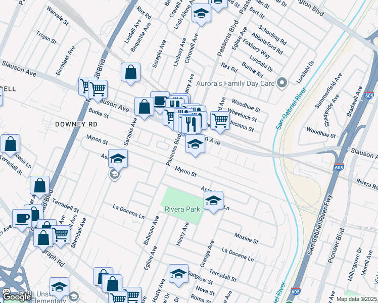 map of restaurants, bars, coffee shops, grocery stores, and more near 9434 Burke Street in Pico Rivera