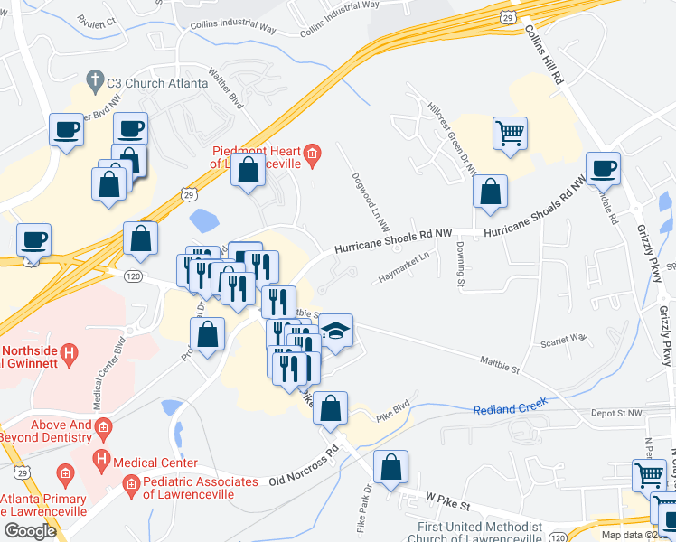 map of restaurants, bars, coffee shops, grocery stores, and more near 508 Bridge Way in Lawrenceville