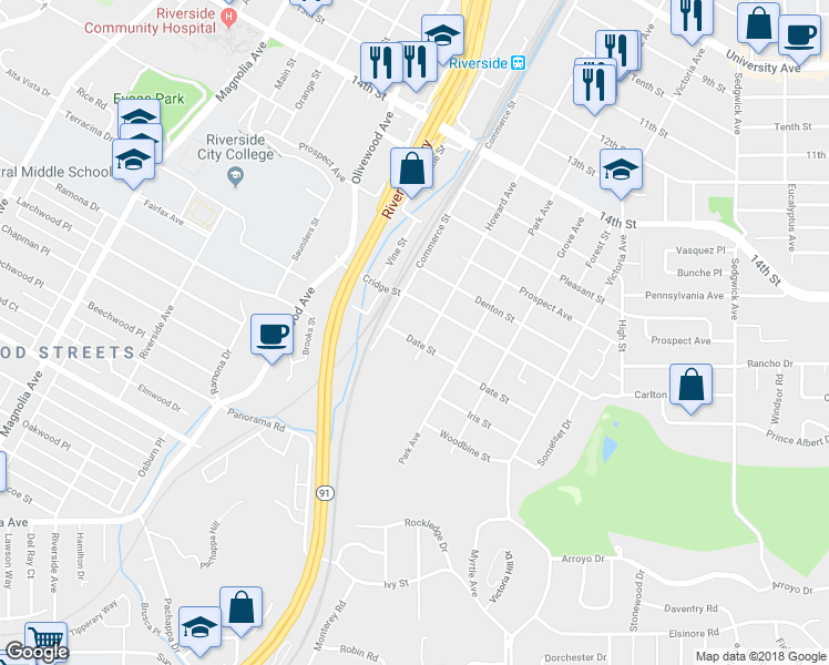 map of restaurants, bars, coffee shops, grocery stores, and more near 3029 Date Street in Riverside
