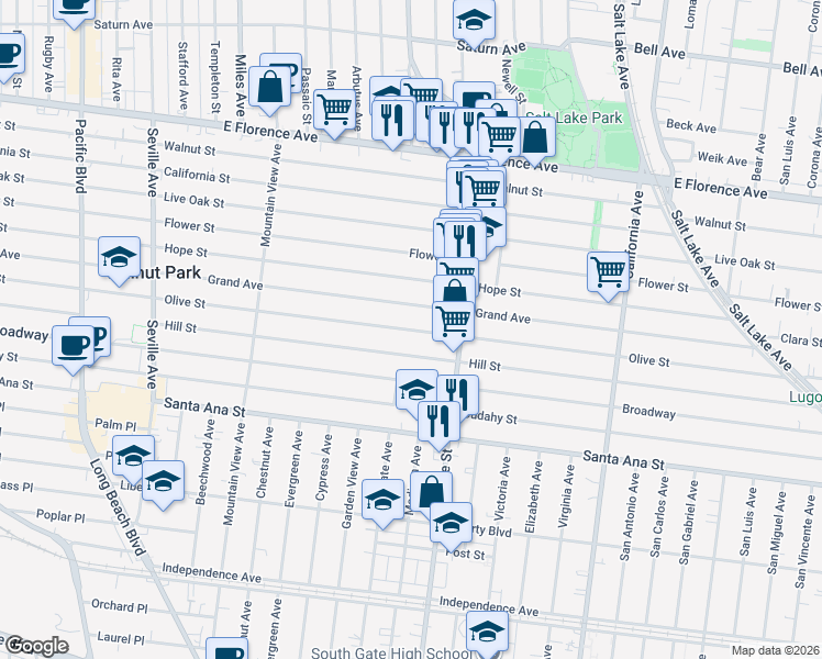 map of restaurants, bars, coffee shops, grocery stores, and more near Olive Street in Los Angeles County