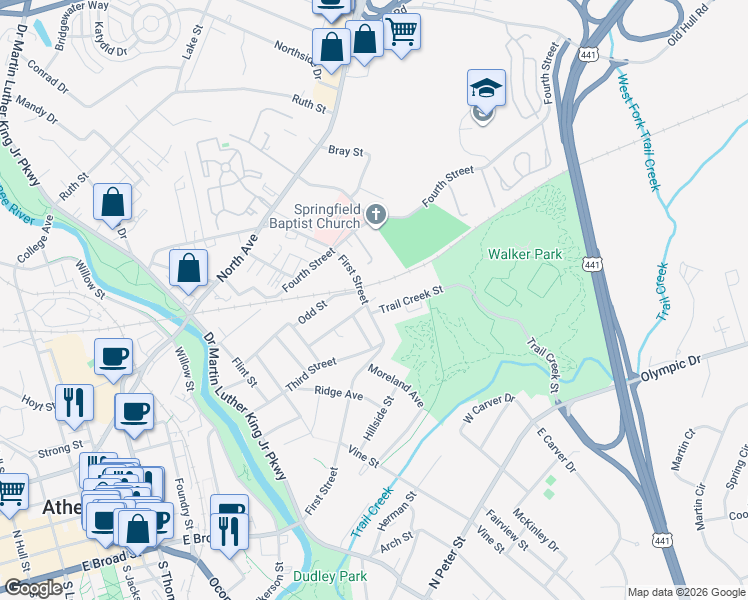 map of restaurants, bars, coffee shops, grocery stores, and more near 428 First Street in Athens