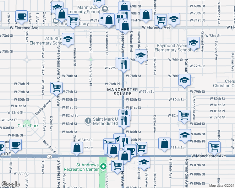 map of restaurants, bars, coffee shops, grocery stores, and more near 1818 West 79th Street in Los Angeles
