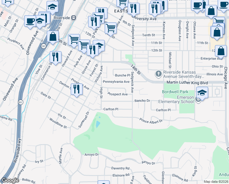 map of restaurants, bars, coffee shops, grocery stores, and more near 2538 Pleasant Street in Riverside