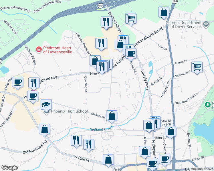 map of restaurants, bars, coffee shops, grocery stores, and more near 361 Downing Street in Lawrenceville