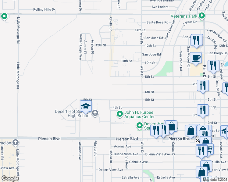 map of restaurants, bars, coffee shops, grocery stores, and more near 65841 6th Street in Desert Hot Springs