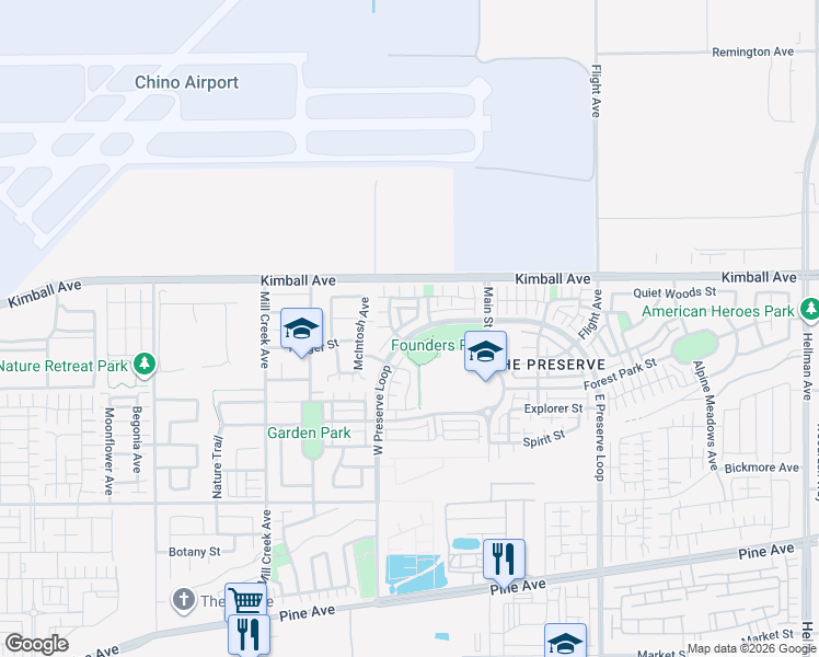 map of restaurants, bars, coffee shops, grocery stores, and more near 8150 West Preserve Loop in Chino