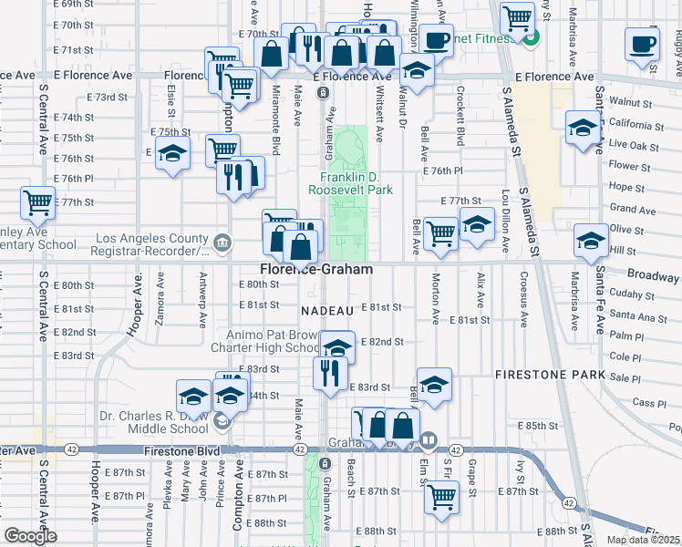 map of restaurants, bars, coffee shops, grocery stores, and more near in Florence-Graham