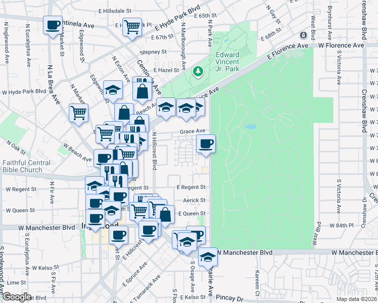 map of restaurants, bars, coffee shops, grocery stores, and more near 629 Daniel Freeman Circle in Inglewood
