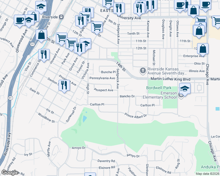 map of restaurants, bars, coffee shops, grocery stores, and more near 2472 Pleasant Street in Riverside