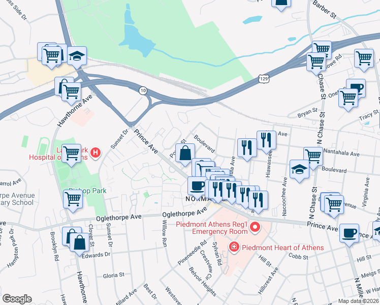 map of restaurants, bars, coffee shops, grocery stores, and more near 275 Boulevard Heights in Athens