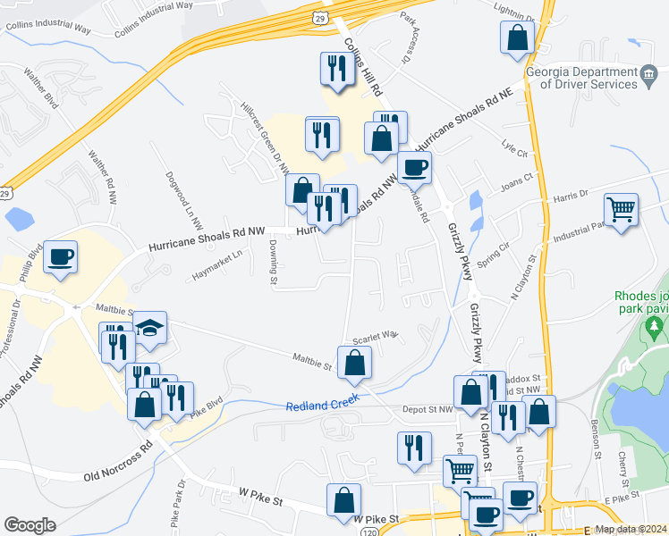 map of restaurants, bars, coffee shops, grocery stores, and more near 371 Downing St in Lawrenceville