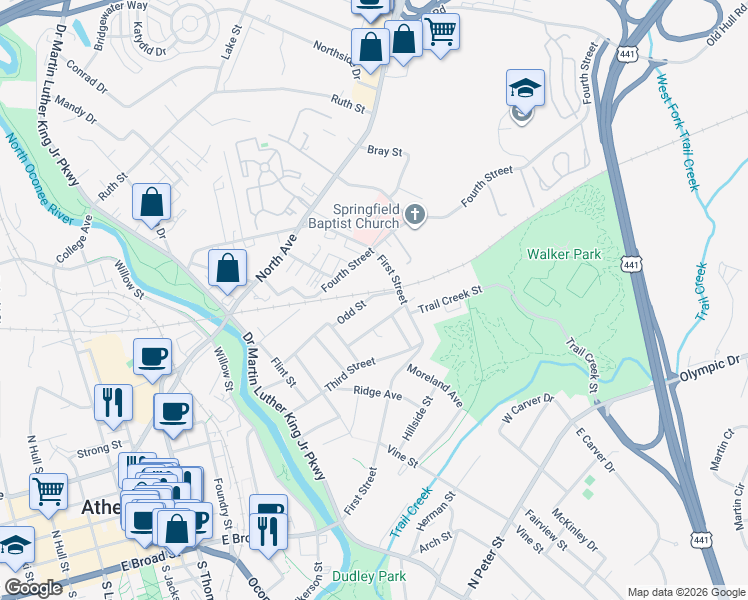 map of restaurants, bars, coffee shops, grocery stores, and more near 560 Odd Street in Athens