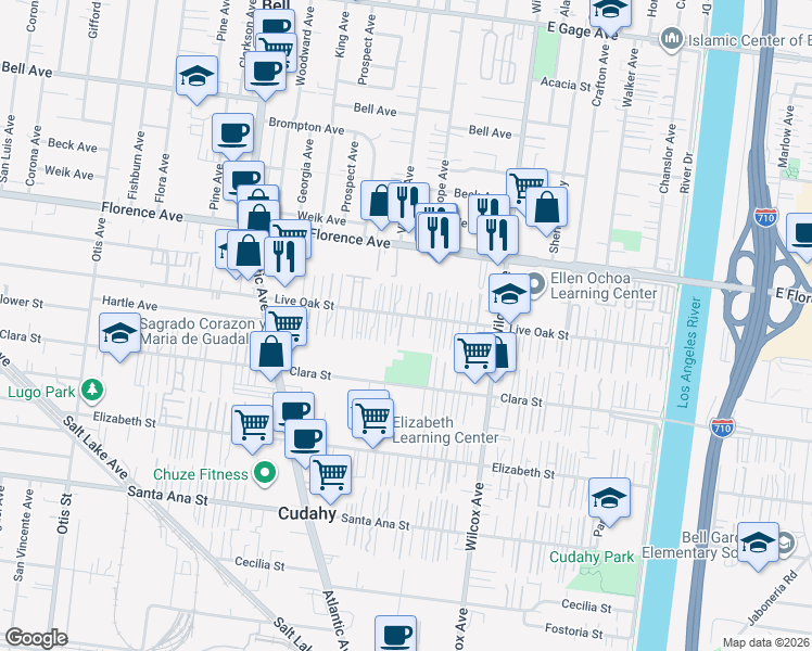 map of restaurants, bars, coffee shops, grocery stores, and more near 4805 Live Oak Street in Bell Gardens