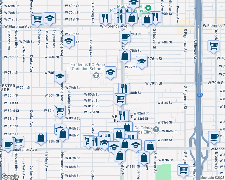 map of restaurants, bars, coffee shops, grocery stores, and more near 1034 West 79th Street in Los Angeles