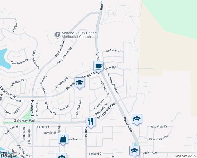 map of restaurants, bars, coffee shops, grocery stores, and more near 24616 Meadow Grass Way in Moreno Valley