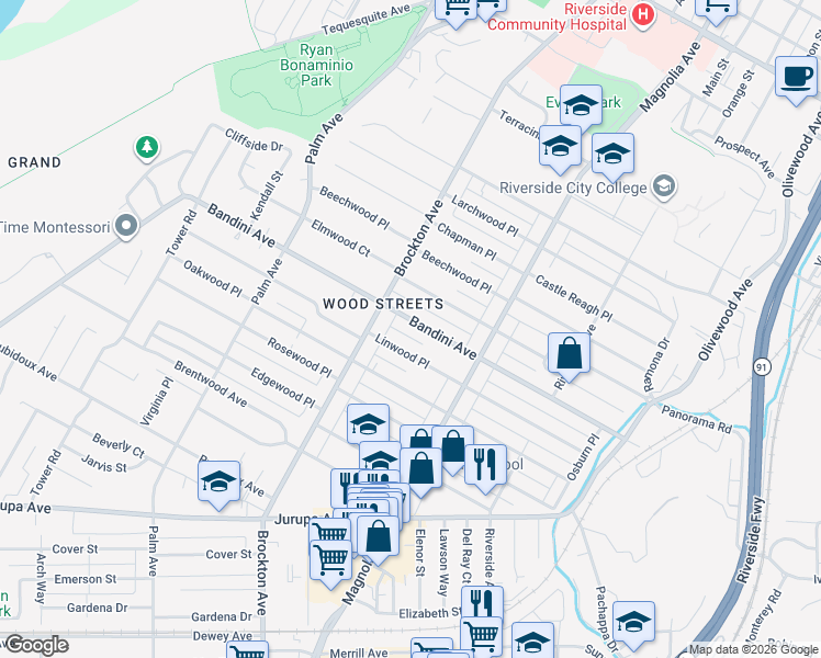map of restaurants, bars, coffee shops, grocery stores, and more near 4056 Bandini Avenue in Riverside