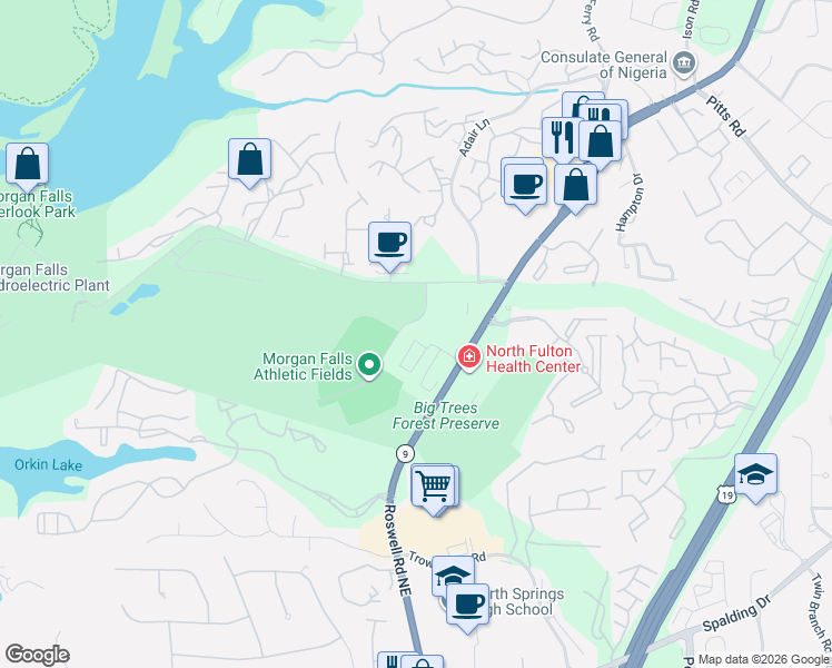 map of restaurants, bars, coffee shops, grocery stores, and more near Morgan Falls Place Northeast in Sandy Springs