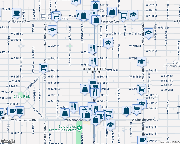map of restaurants, bars, coffee shops, grocery stores, and more near 1818 West 79th Street in Los Angeles