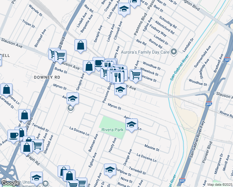 map of restaurants, bars, coffee shops, grocery stores, and more near 9434 Burke Street in Pico Rivera