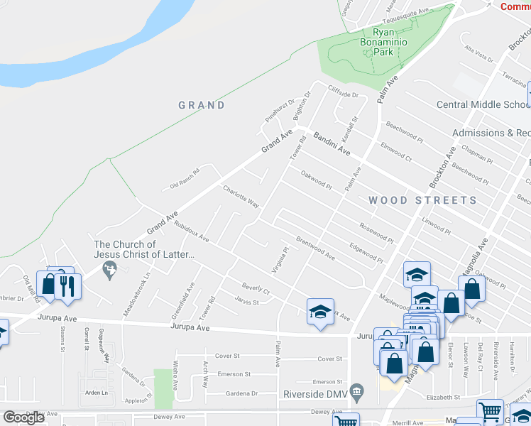 map of restaurants, bars, coffee shops, grocery stores, and more near 5654 Tower Road in Riverside