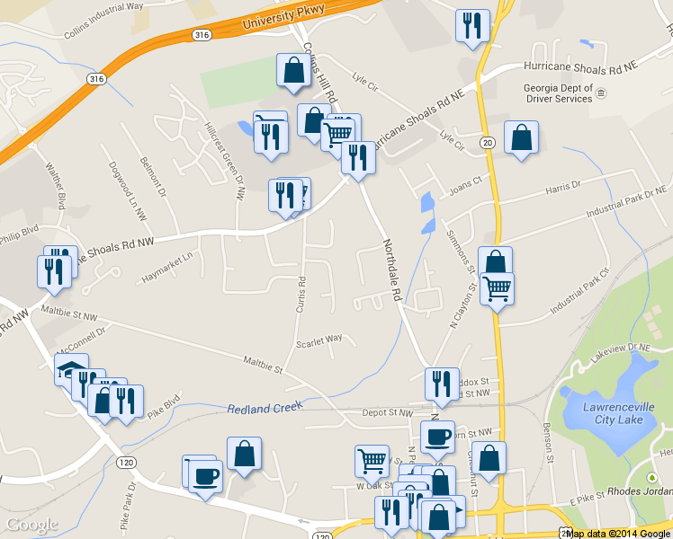 map of restaurants, bars, coffee shops, grocery stores, and more near 507 Southern Way in Lawrenceville