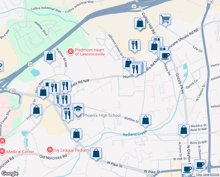 map of restaurants, bars, coffee shops, grocery stores, and more near 536 Whitehall Lane in Lawrenceville