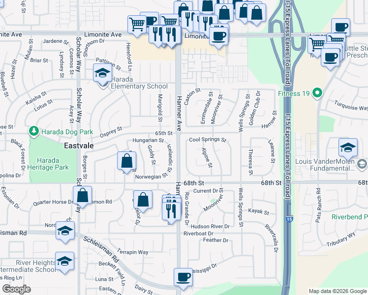 map of restaurants, bars, coffee shops, grocery stores, and more near 6653 Whitewater Street in Eastvale