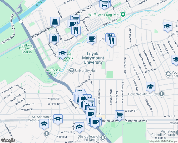 map of restaurants, bars, coffee shops, grocery stores, and more near 7931 Belton Drive in Los Angeles
