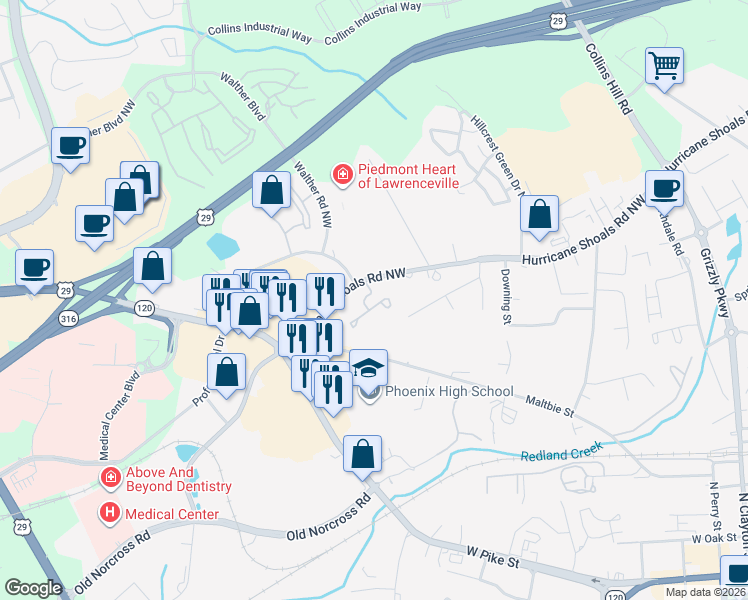 map of restaurants, bars, coffee shops, grocery stores, and more near 216 Bridge Way in Lawrenceville