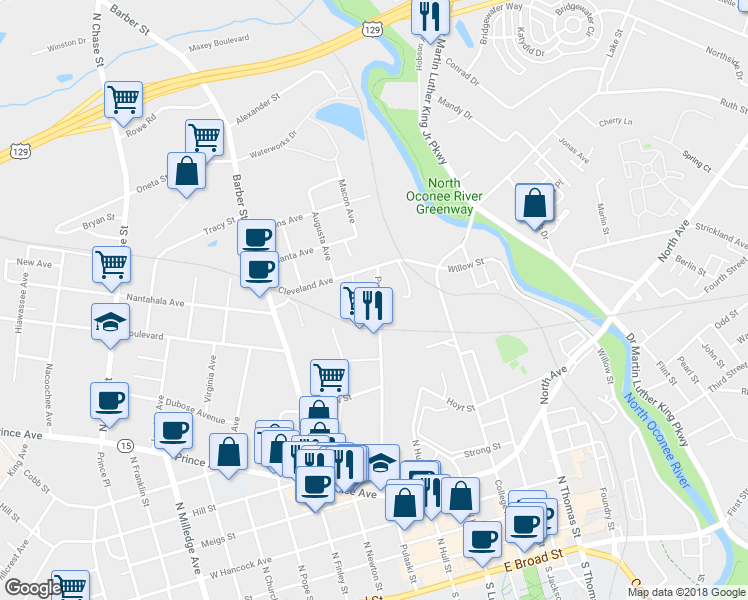 map of restaurants, bars, coffee shops, grocery stores, and more near 731 Pulaski Street in Athens