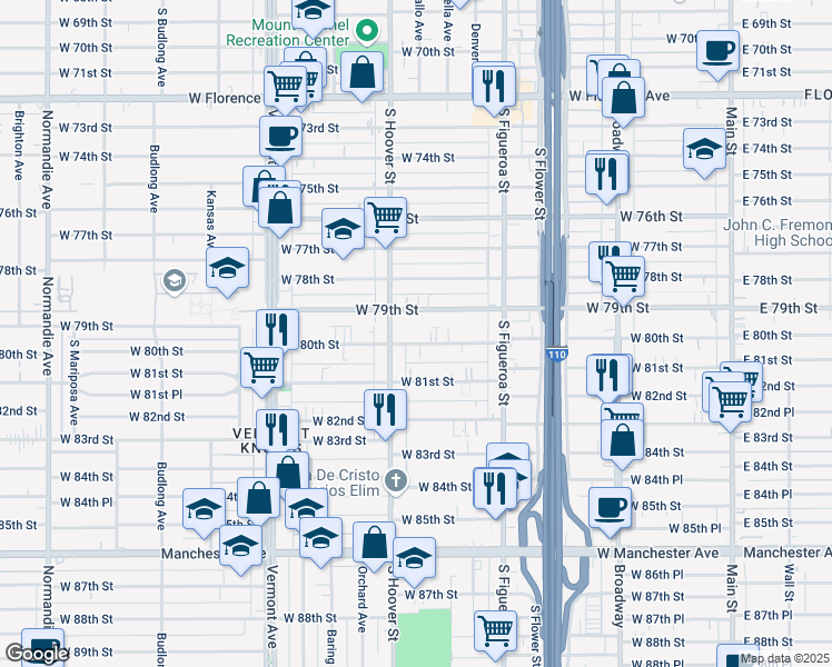 map of restaurants, bars, coffee shops, grocery stores, and more near 704 West 79th Street in Los Angeles