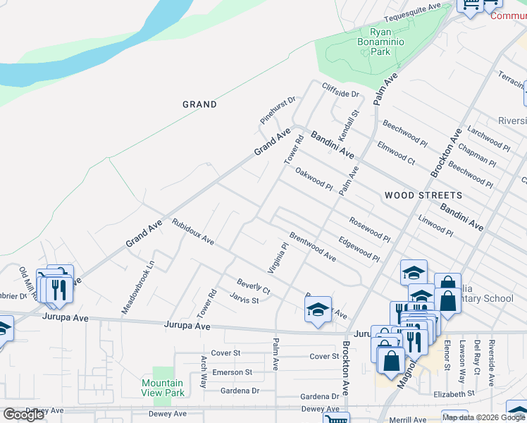 map of restaurants, bars, coffee shops, grocery stores, and more near 5654 Tower Road in Riverside