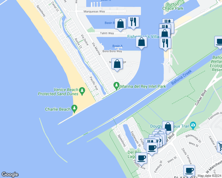 map of restaurants, bars, coffee shops, grocery stores, and more near 122 Channel Pointe Court in Marina del Rey