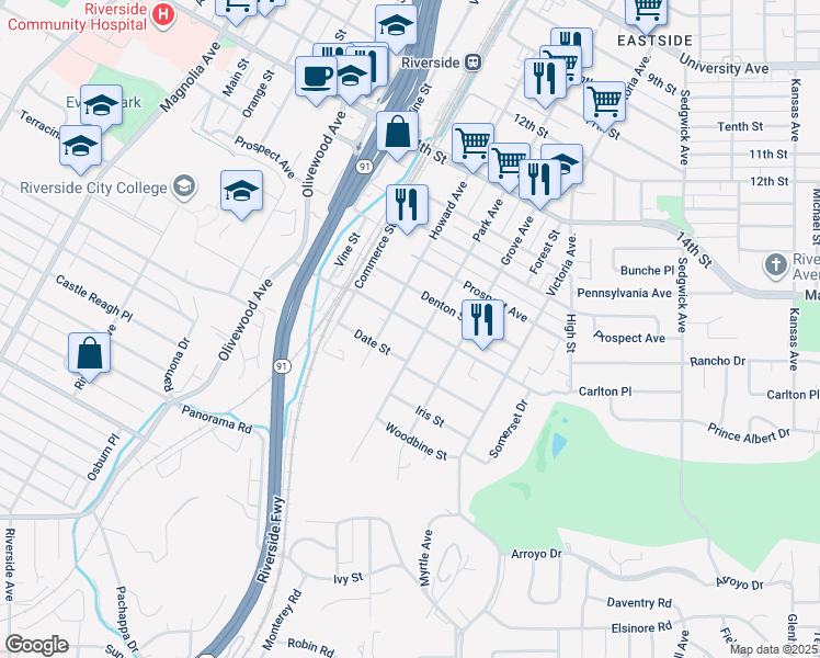 map of restaurants, bars, coffee shops, grocery stores, and more near 2943 Cridge Street in Riverside