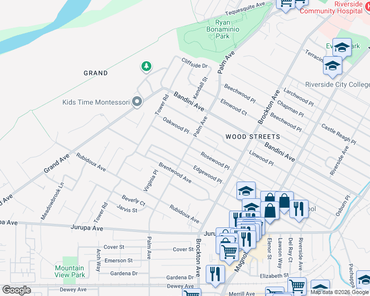 map of restaurants, bars, coffee shops, grocery stores, and more near 4505 Rosewood Place in Riverside