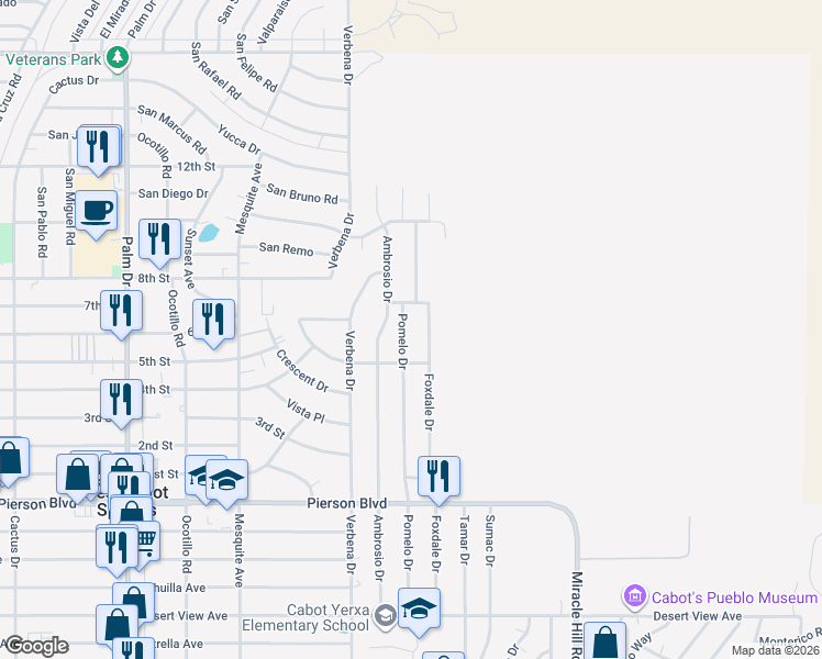 map of restaurants, bars, coffee shops, grocery stores, and more near 11190 Pomelo Drive in Desert Hot Springs
