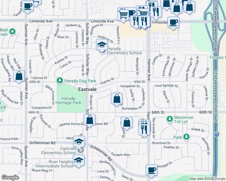 map of restaurants, bars, coffee shops, grocery stores, and more near 12838 Jersey Street in Corona