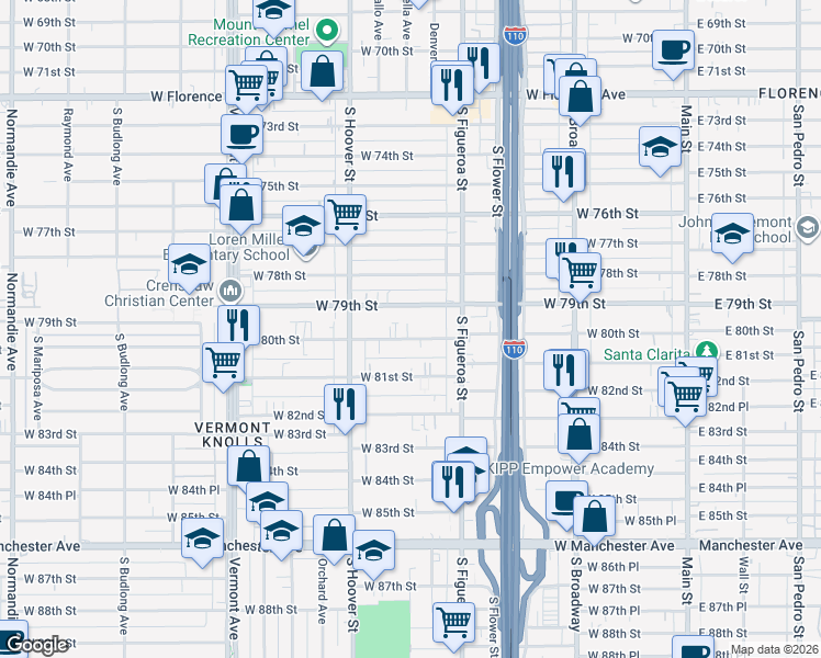 map of restaurants, bars, coffee shops, grocery stores, and more near 540 West 79th Street in Los Angeles