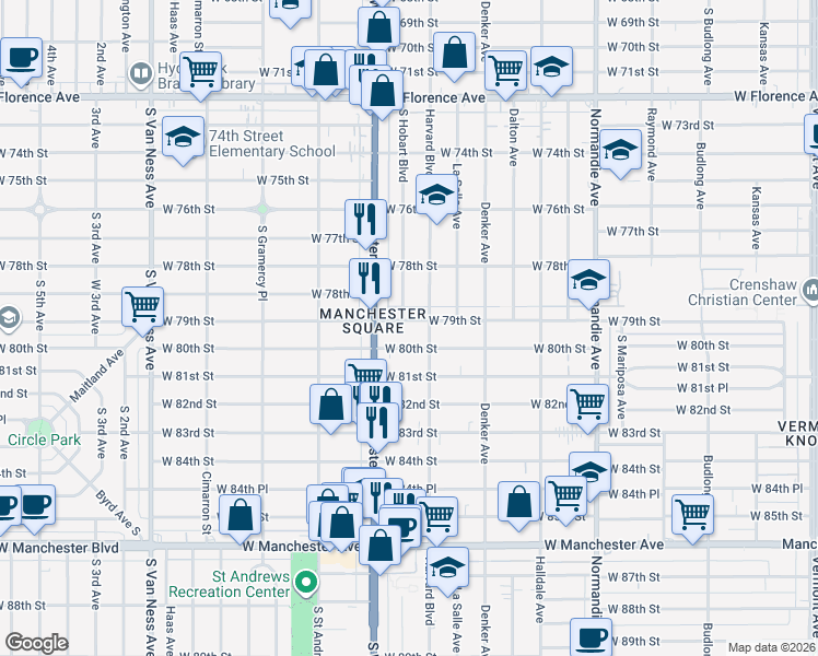 map of restaurants, bars, coffee shops, grocery stores, and more near 1722 West 79th Street in Los Angeles